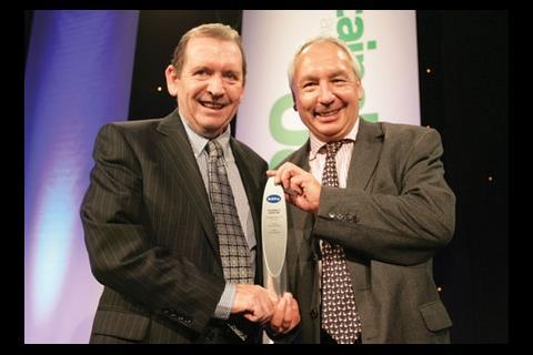 Crest Nicholson’s Stephen Stone (right) accepts his housebuilder’s award from Brian Dolan of Saint-Gobain 